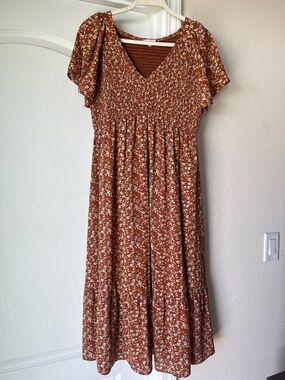 Rust Floral V-Neck Smocked Midi/ Maxi Dress